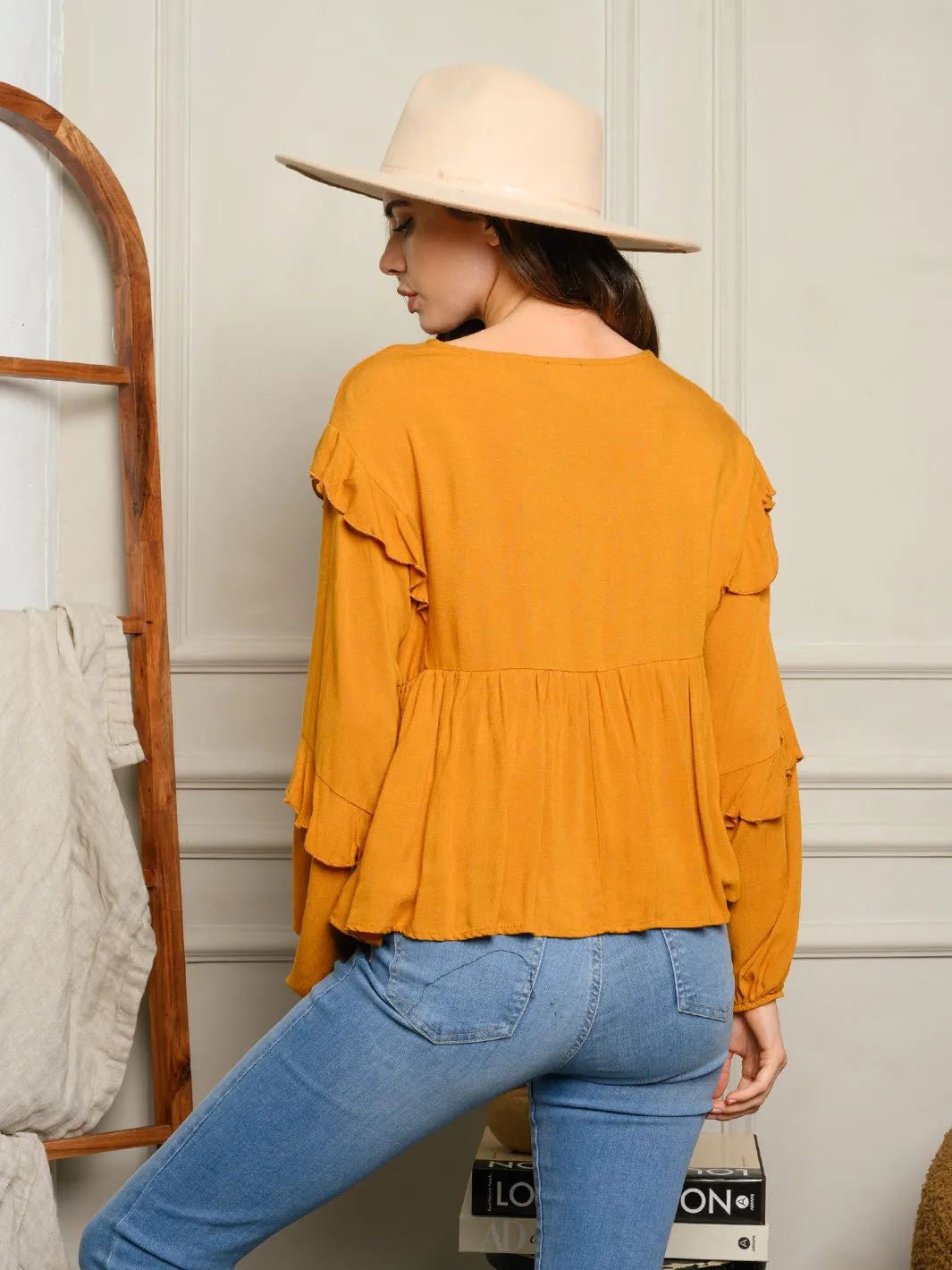 WOMEN'S LONG RUFFLE SLEEVE V-NECK TOP