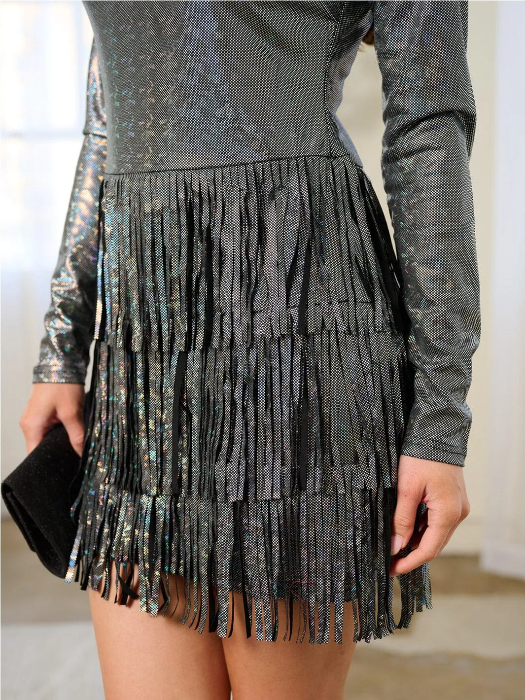 WOMEN'S LONG SLEEVE FRINGE DETAILED SHIMMER MINI DRESS