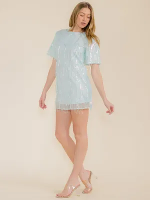 WOMEN'S SHORT SLEEVE FRINGE SEQUINS DETAILED MINI DRESS
