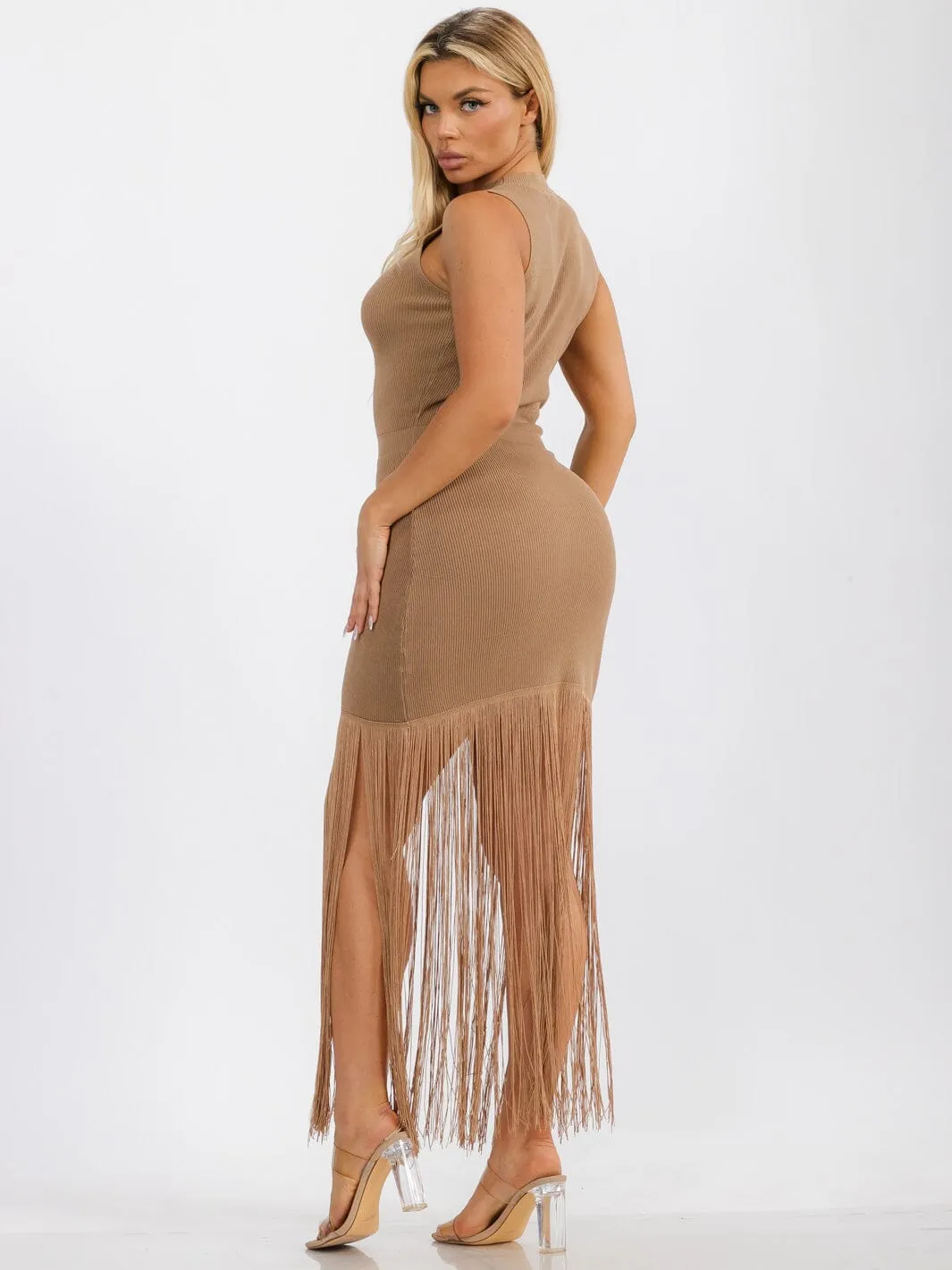 WOMENS' SLEEVELESS BODYCON FRINGE MINI DRESS