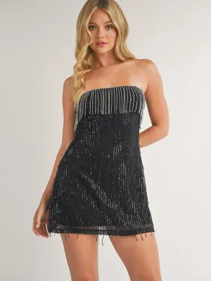 WOMEN'S SLEEVELESS FRINGE SEQUINS TUBE BODYCON MINI DRESS