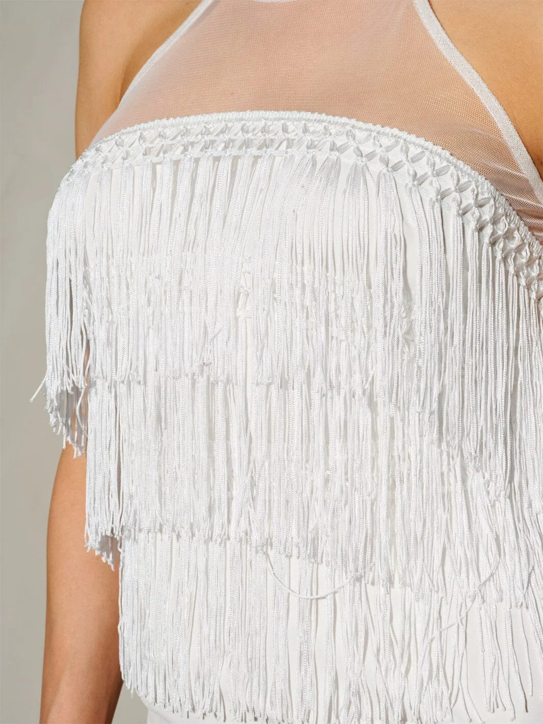 WOMEN'S SLEEVELESS HALTER NECK FRINGE DETAILED BODYCON MINI DRESS