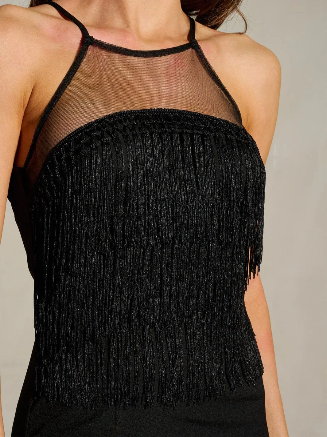 WOMEN'S SLEEVELESS HALTER NECK FRINGE DETAILED BODYCON MINI DRESS