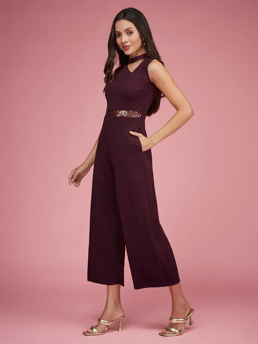 Women's Wine Collared Sleeveless Solid Asymmetric Neck Cut-Out Regular Length Jumpsuit