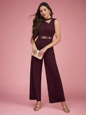Women's Wine Collared Sleeveless Solid Asymmetric Neck Cut-Out Regular Length Jumpsuit