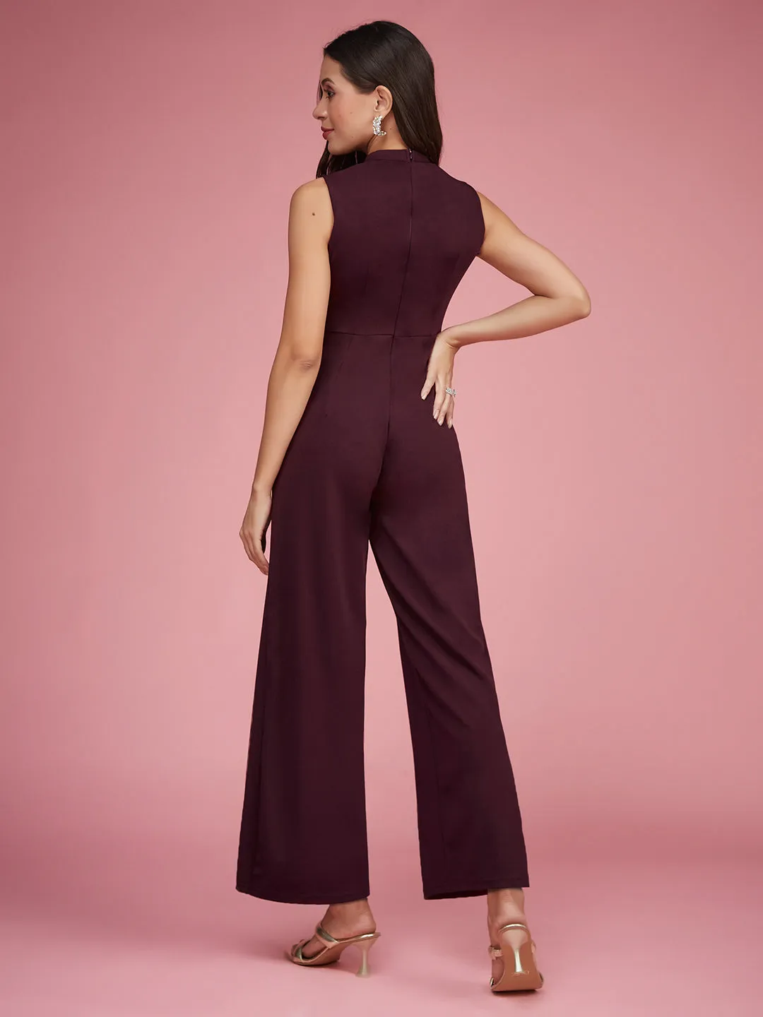 Women's Wine Collared Sleeveless Solid Asymmetric Neck Cut-Out Regular Length Jumpsuit