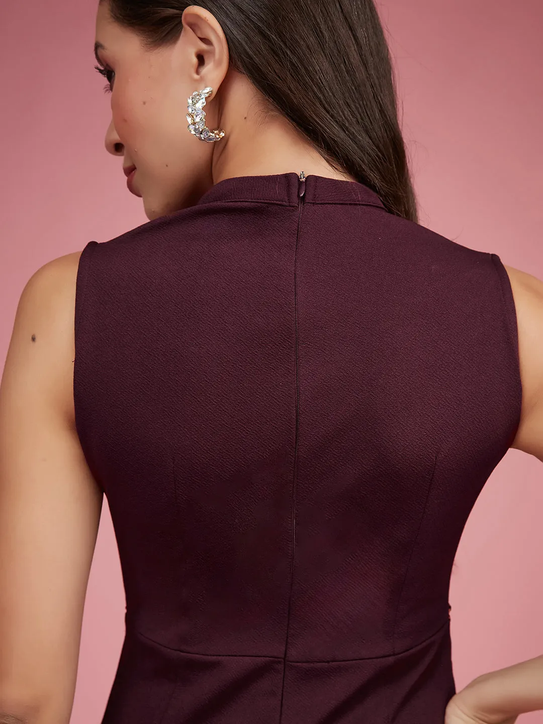 Women's Wine Collared Sleeveless Solid Asymmetric Neck Cut-Out Regular Length Jumpsuit
