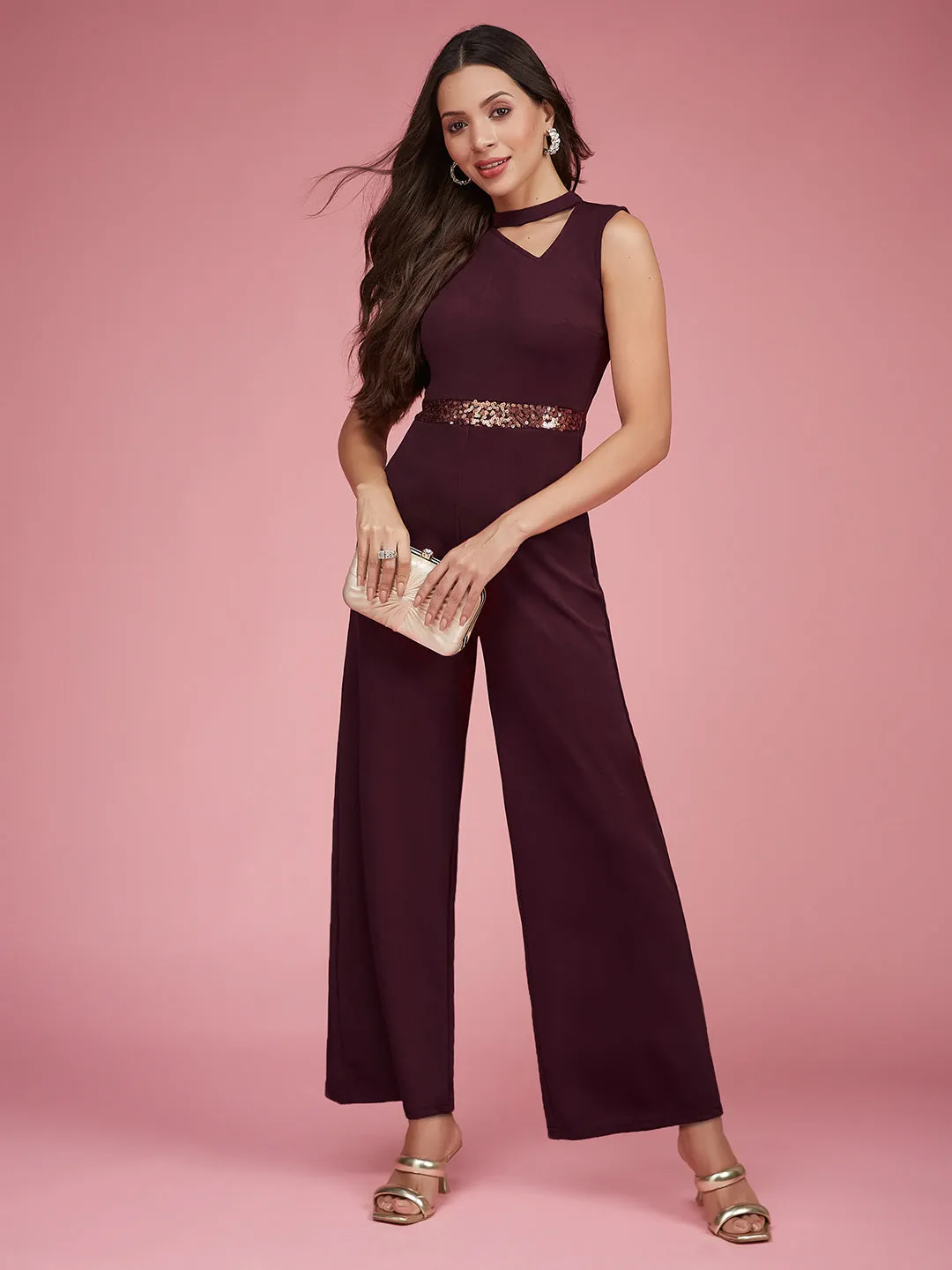 Women's Wine Collared Sleeveless Solid Asymmetric Neck Cut-Out Regular Length Jumpsuit