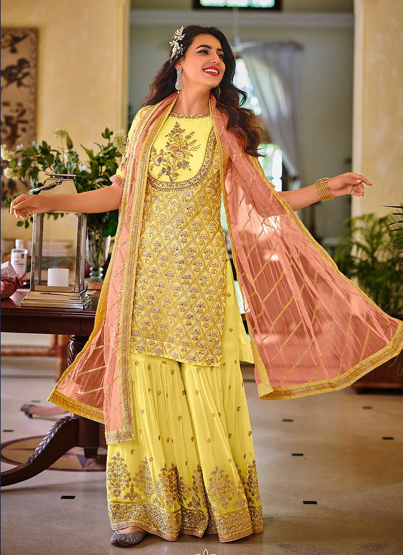 Yellow And Peach Golden Embroidered Wedding Sharara Suit