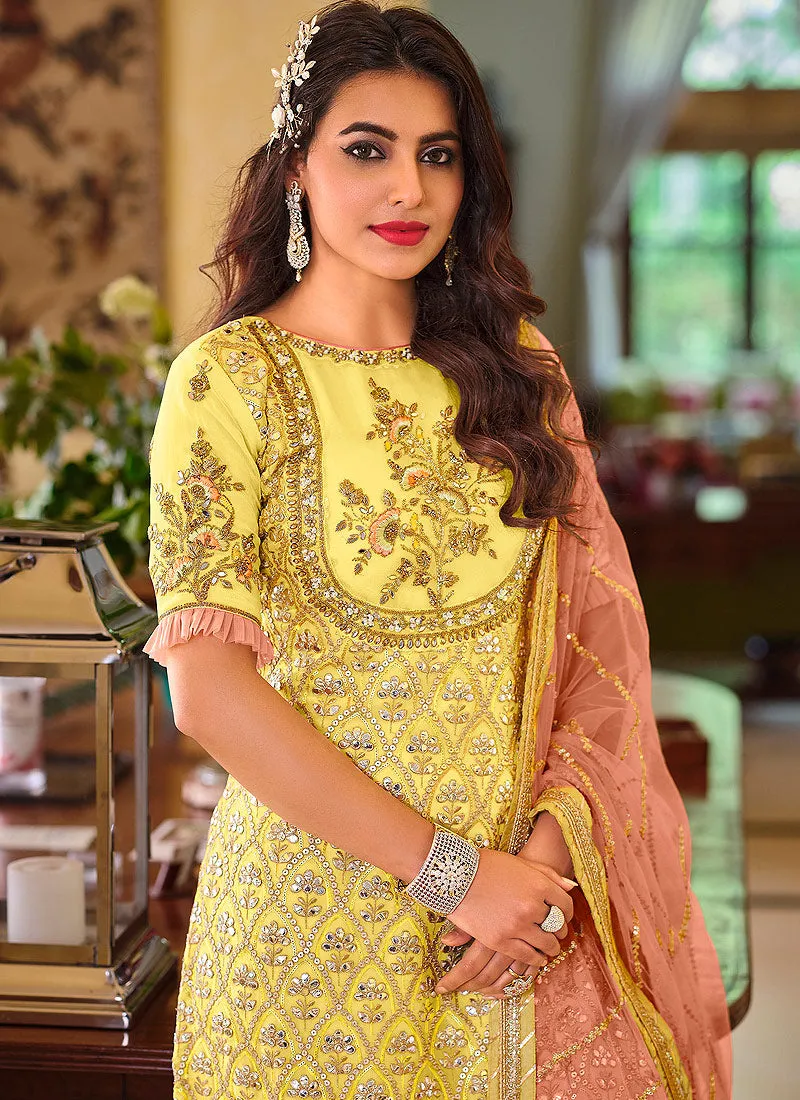 Yellow And Peach Golden Embroidered Wedding Sharara Suit