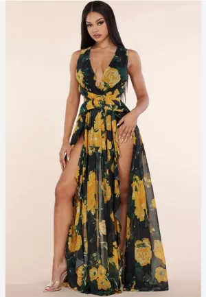 YELLOW BLACK FLORAL DOUBLE SLIT RUFFLE CUT OUT OPEN BACK LACE UP MAXI DRESS