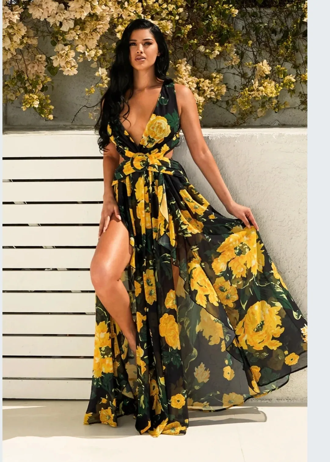 YELLOW BLACK FLORAL DOUBLE SLIT RUFFLE CUT OUT OPEN BACK LACE UP MAXI DRESS