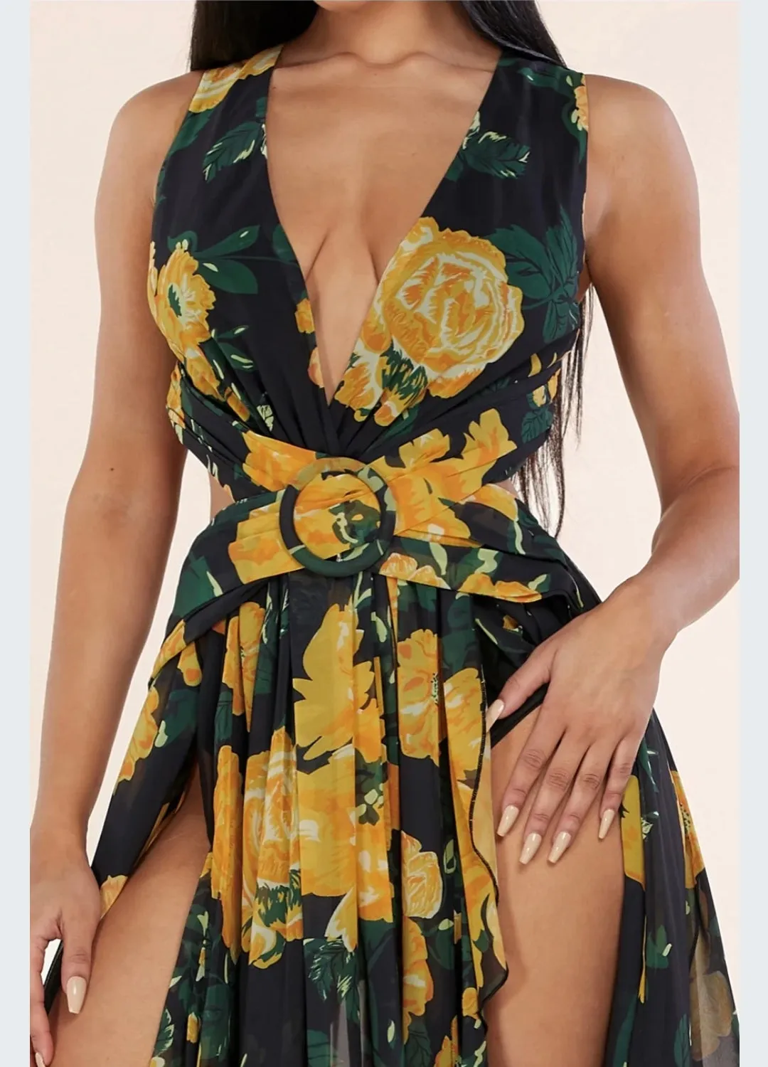 YELLOW BLACK FLORAL DOUBLE SLIT RUFFLE CUT OUT OPEN BACK LACE UP MAXI DRESS