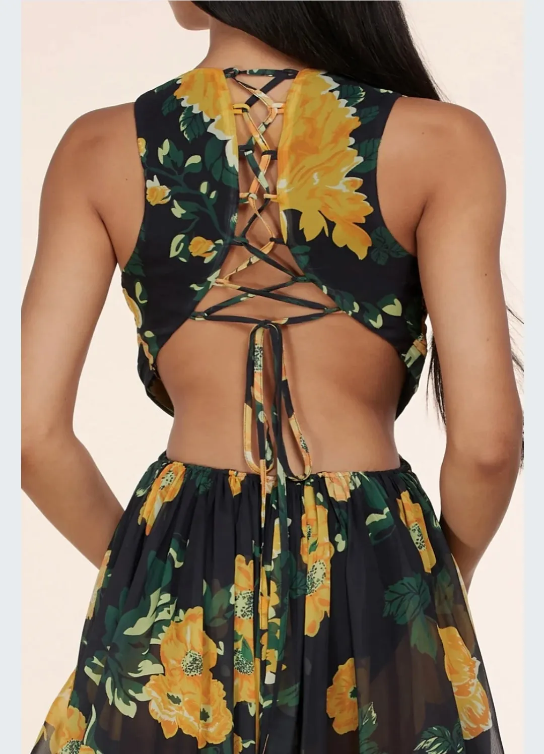 YELLOW BLACK FLORAL DOUBLE SLIT RUFFLE CUT OUT OPEN BACK LACE UP MAXI DRESS