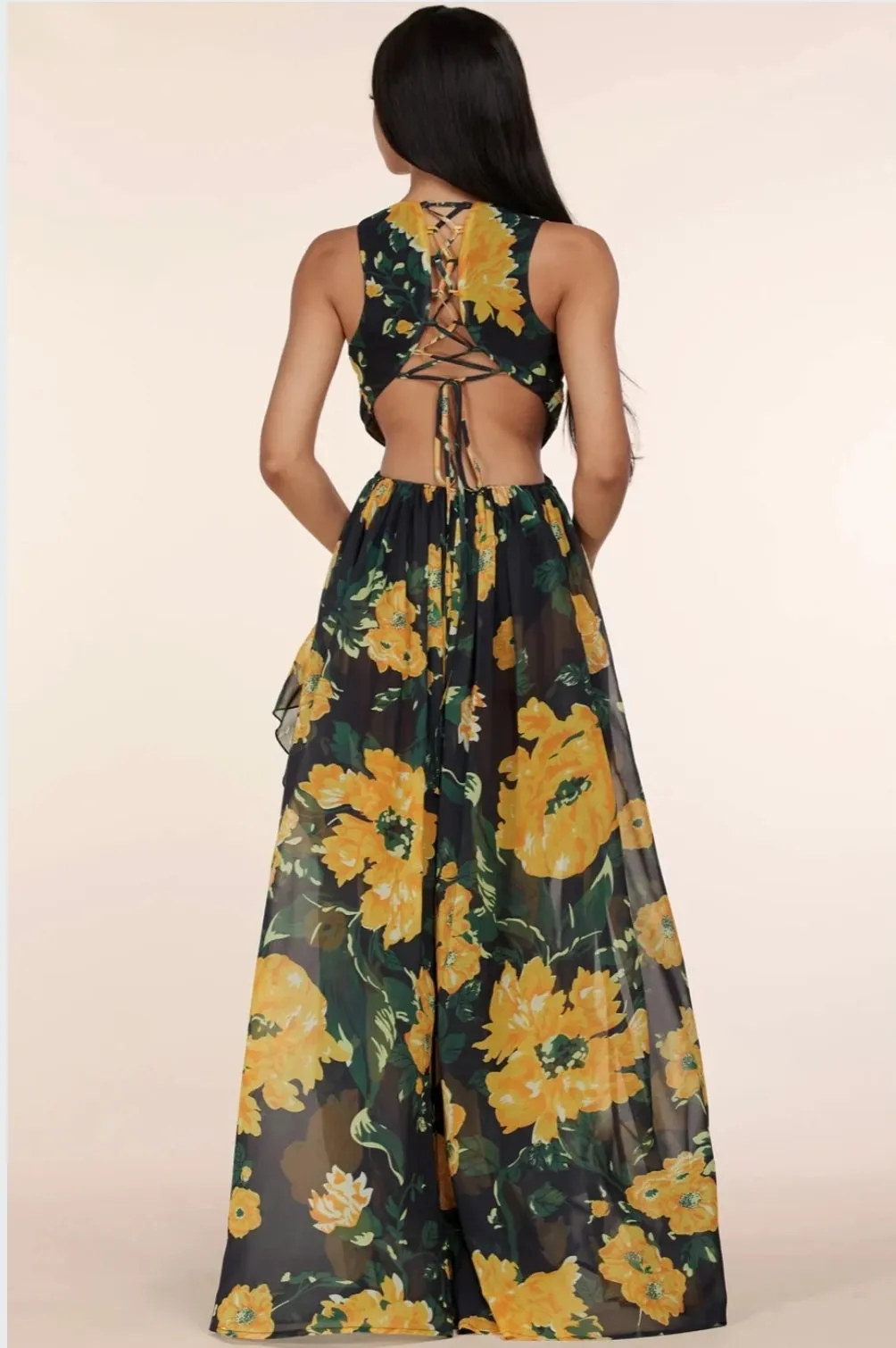 YELLOW BLACK FLORAL DOUBLE SLIT RUFFLE CUT OUT OPEN BACK LACE UP MAXI DRESS