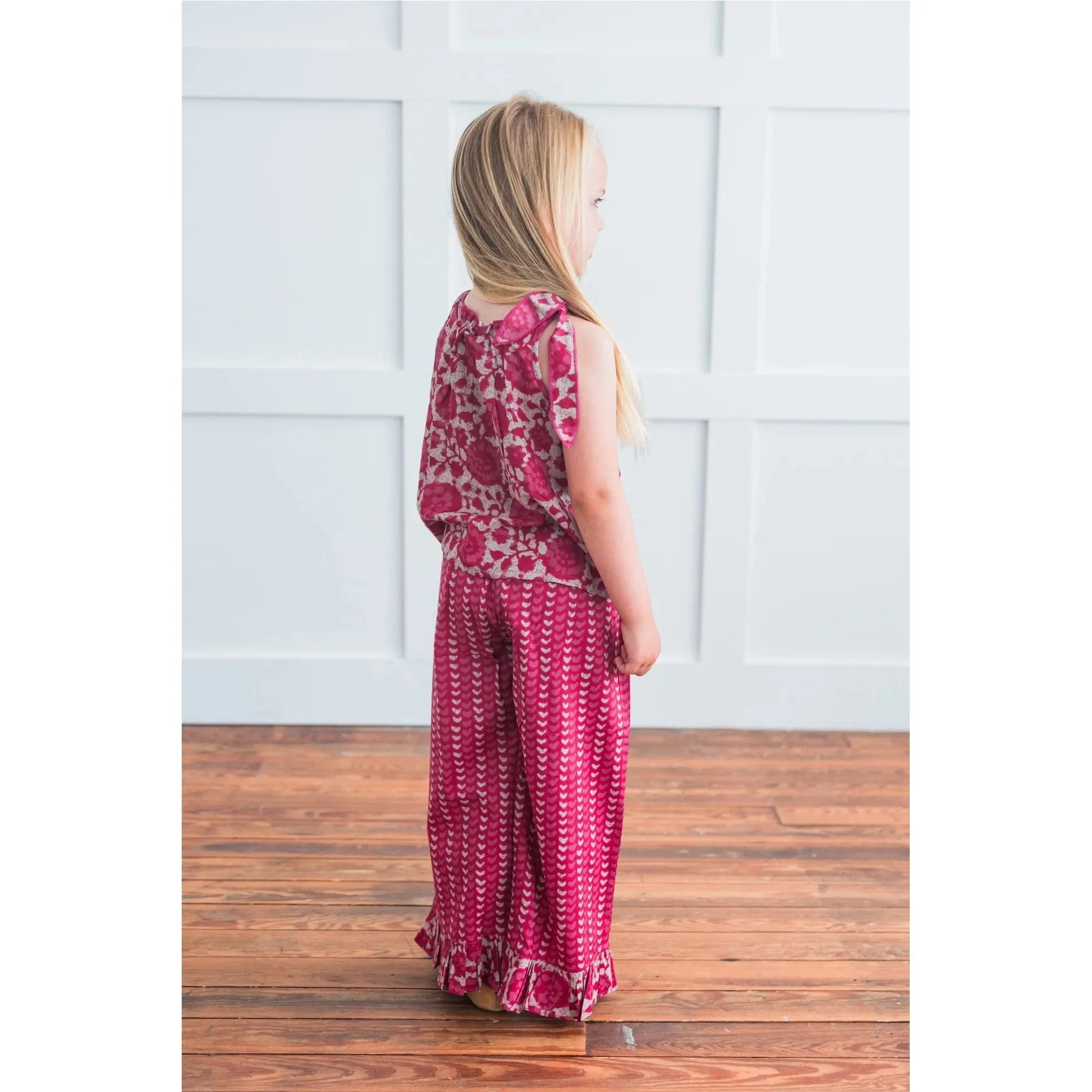 Yo Baby Printed Hot Pink Top with Striped Ruffle Pants 2 Piece Set