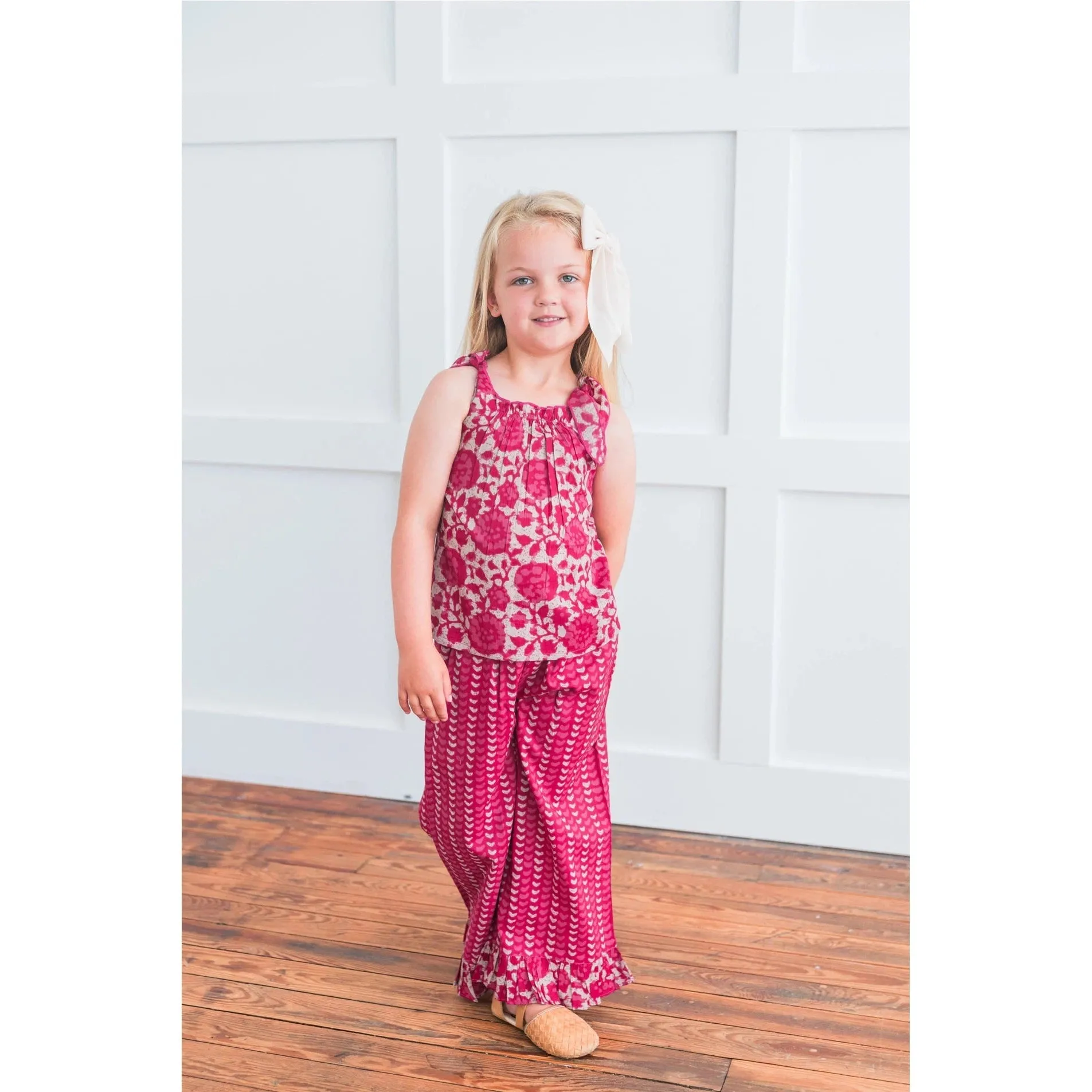 Yo Baby Printed Hot Pink Top with Striped Ruffle Pants 2 Piece Set