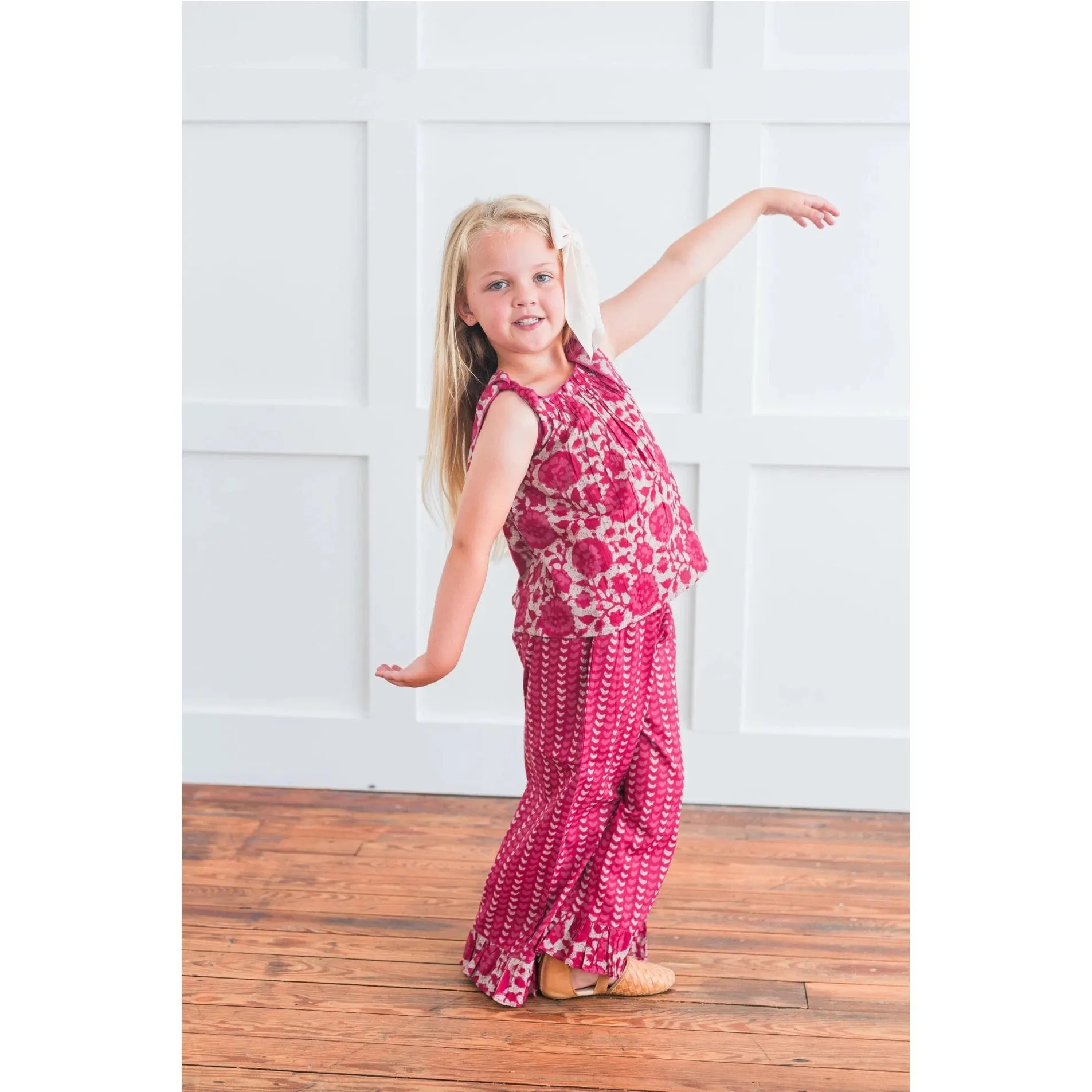 Yo Baby Printed Hot Pink Top with Striped Ruffle Pants 2 Piece Set
