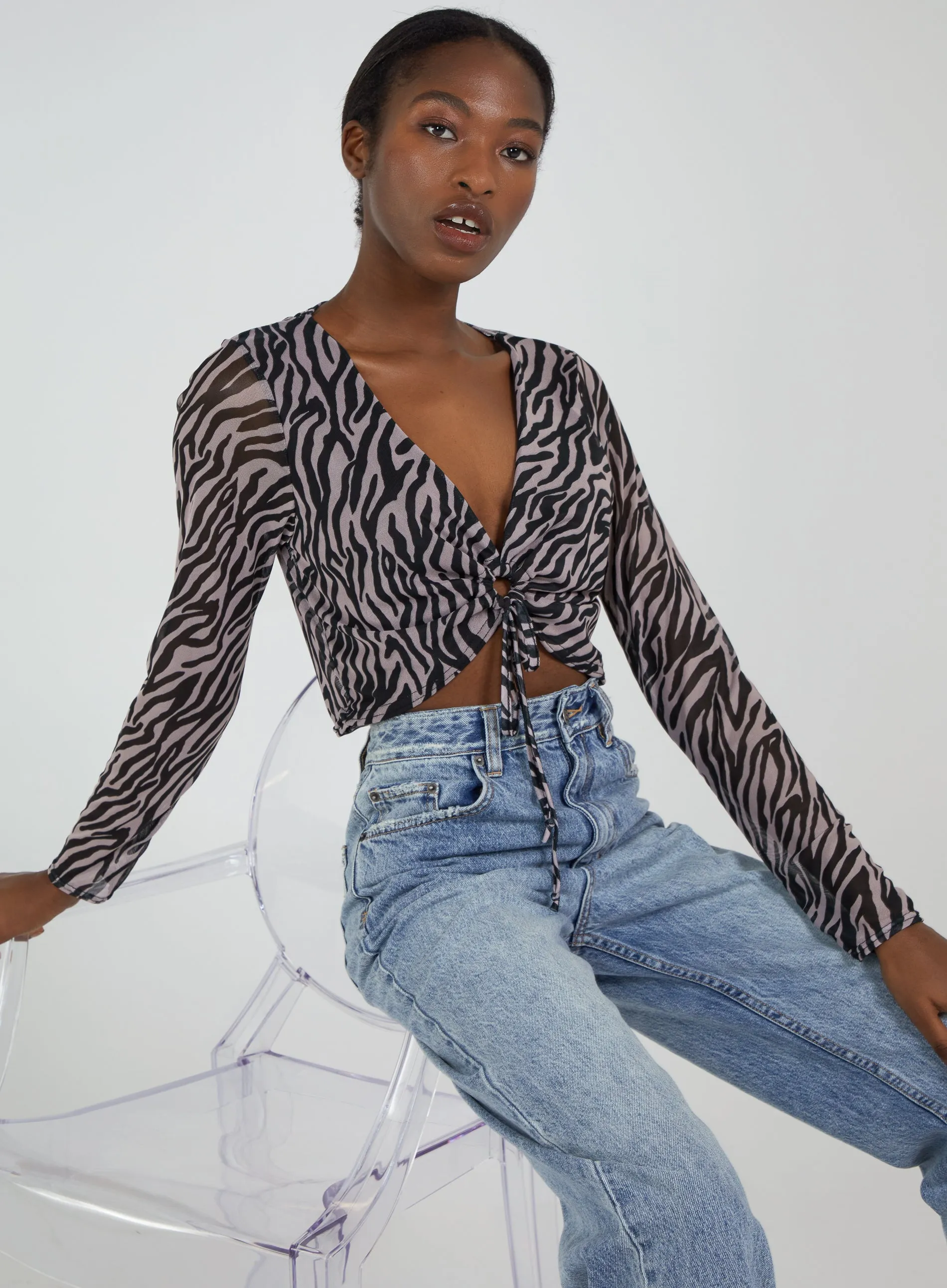 Zebra Print Plunge Neck Mesh Top