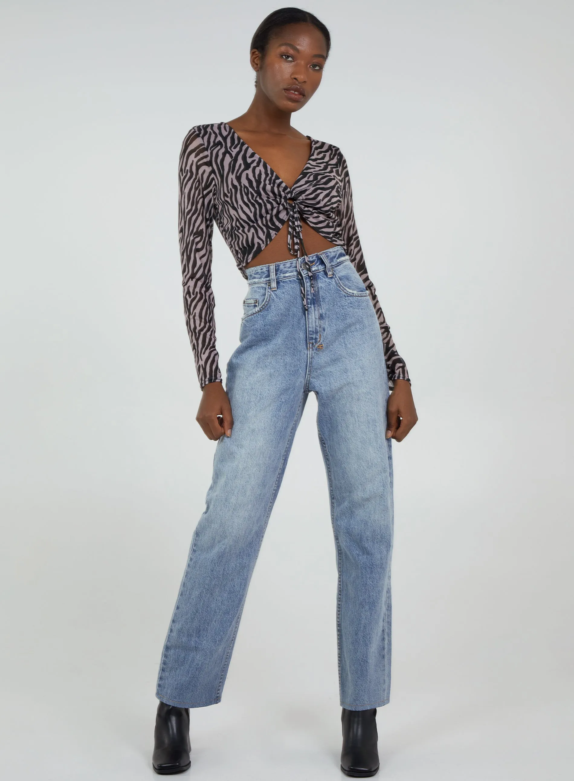 Zebra Print Plunge Neck Mesh Top