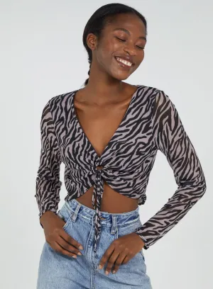 Zebra Print Plunge Neck Mesh Top