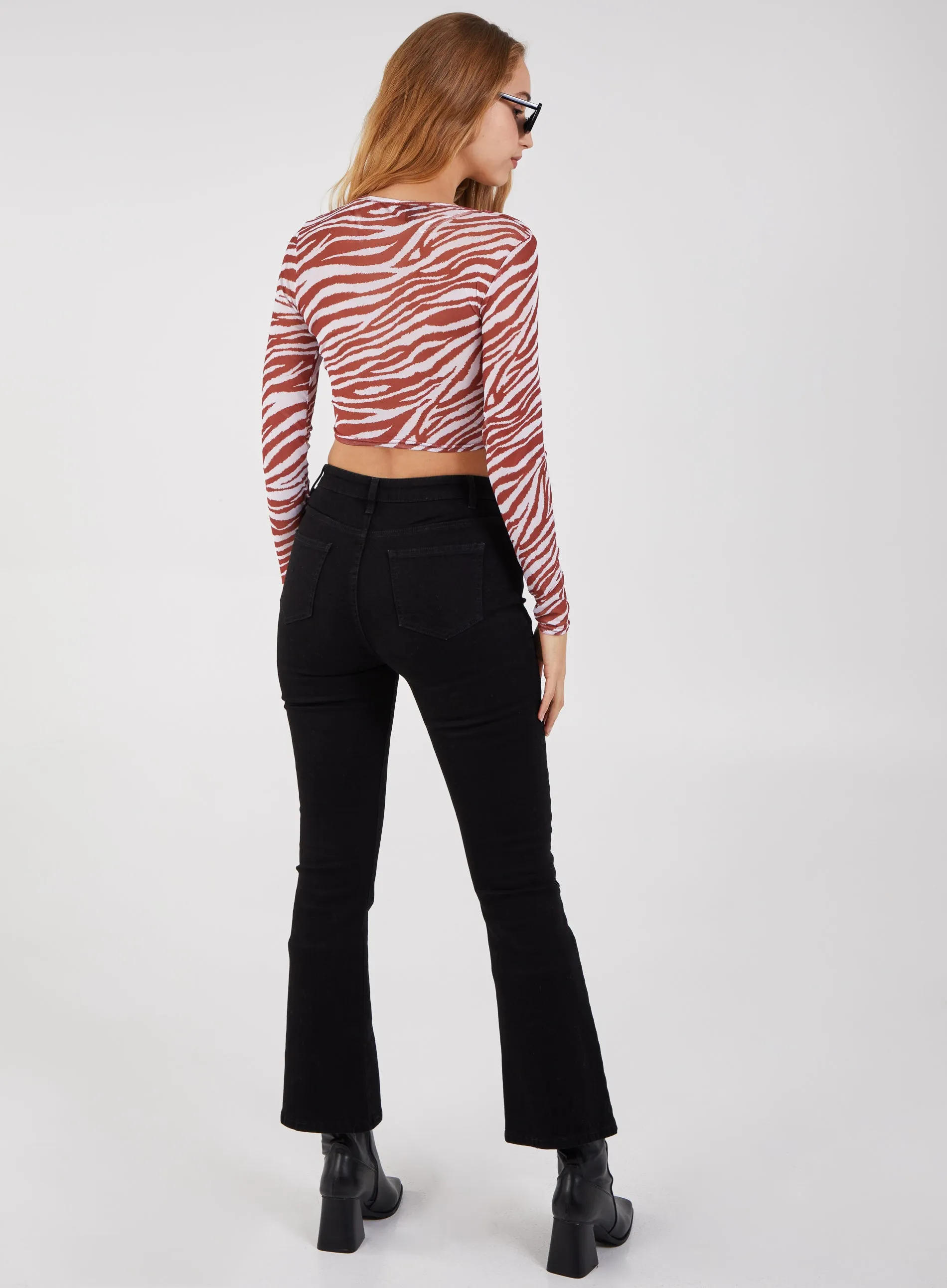 Zebra Print Plunge Neck Mesh Top