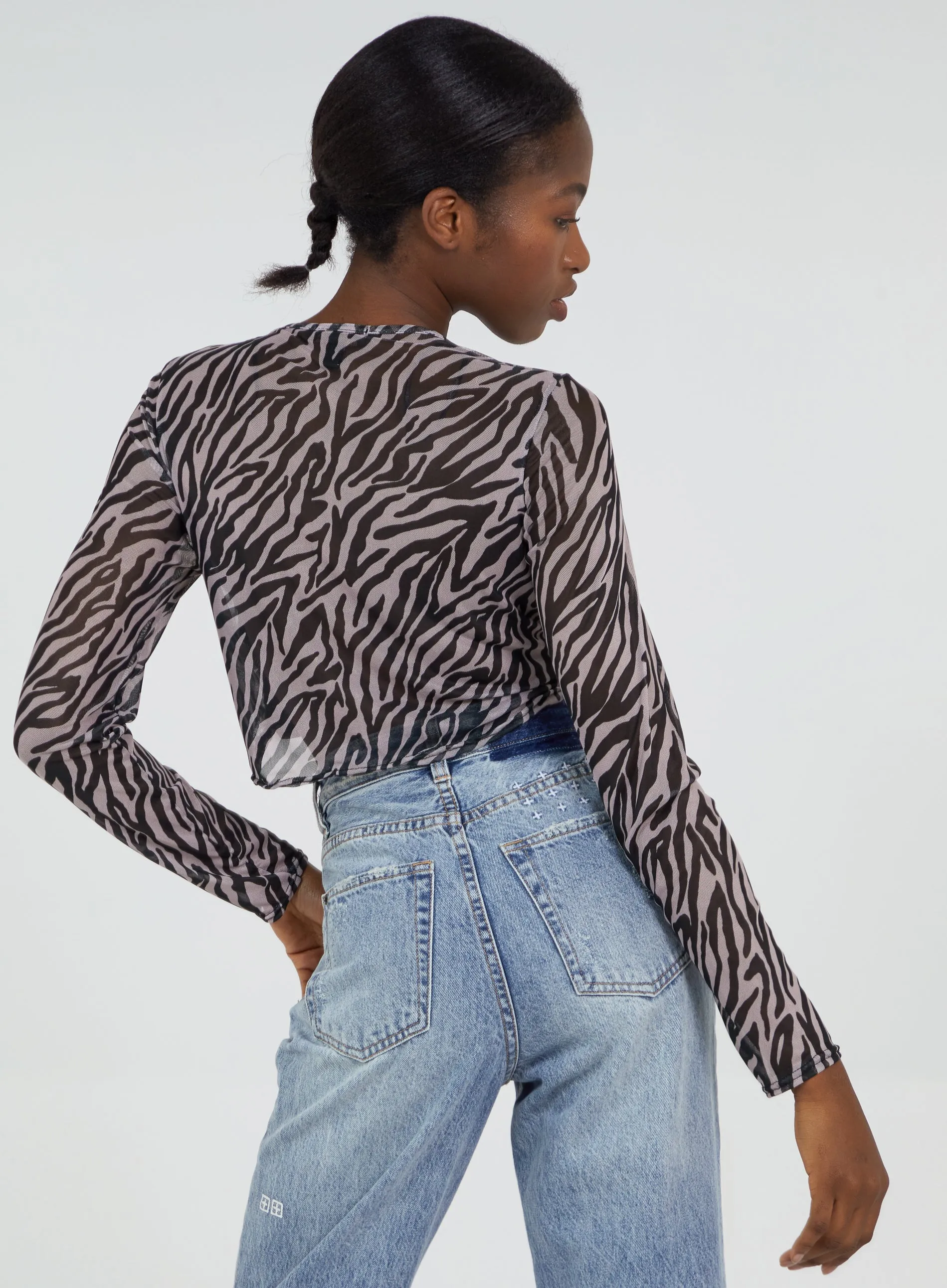 Zebra Print Plunge Neck Mesh Top