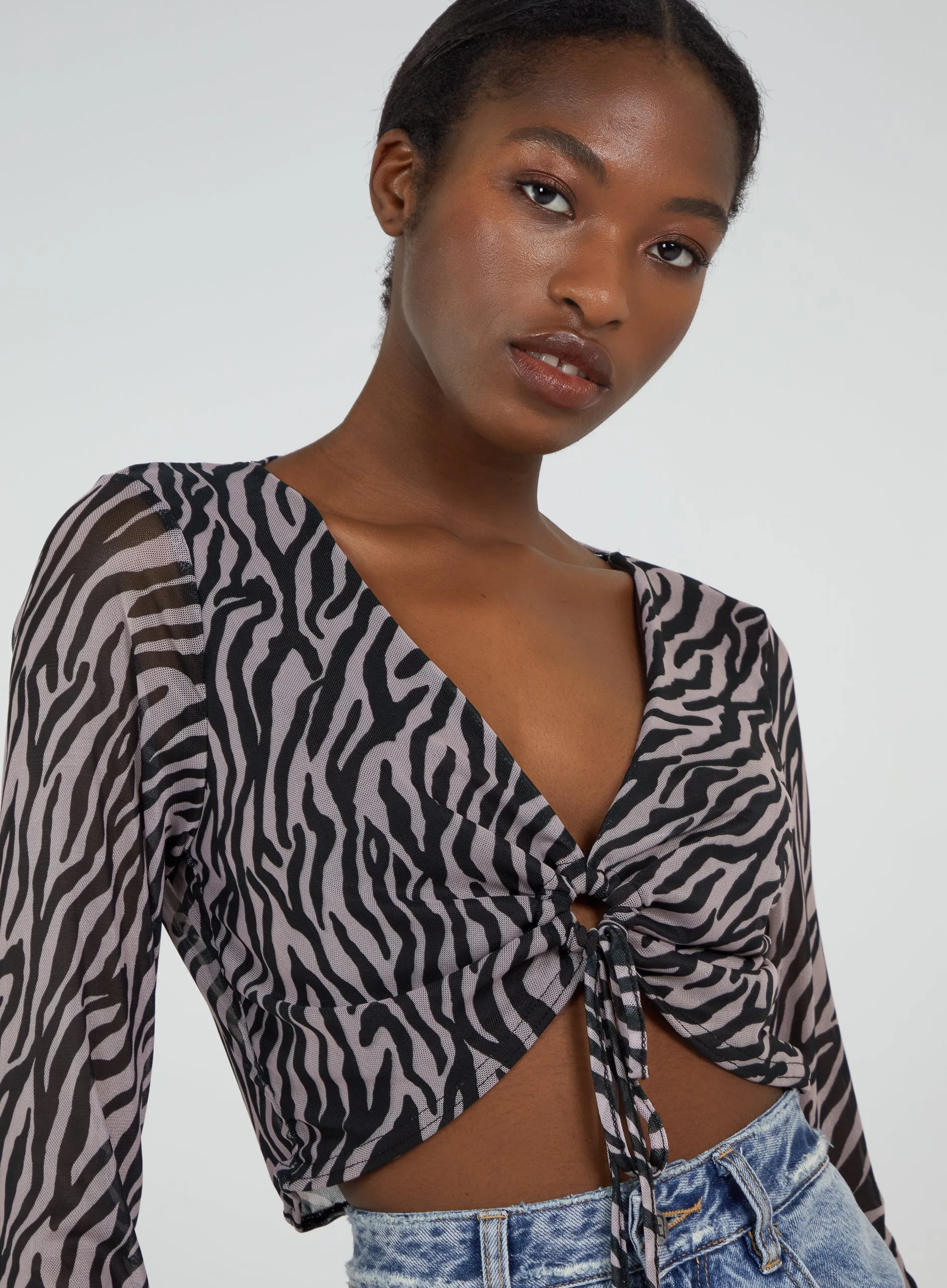 Zebra Print Plunge Neck Mesh Top