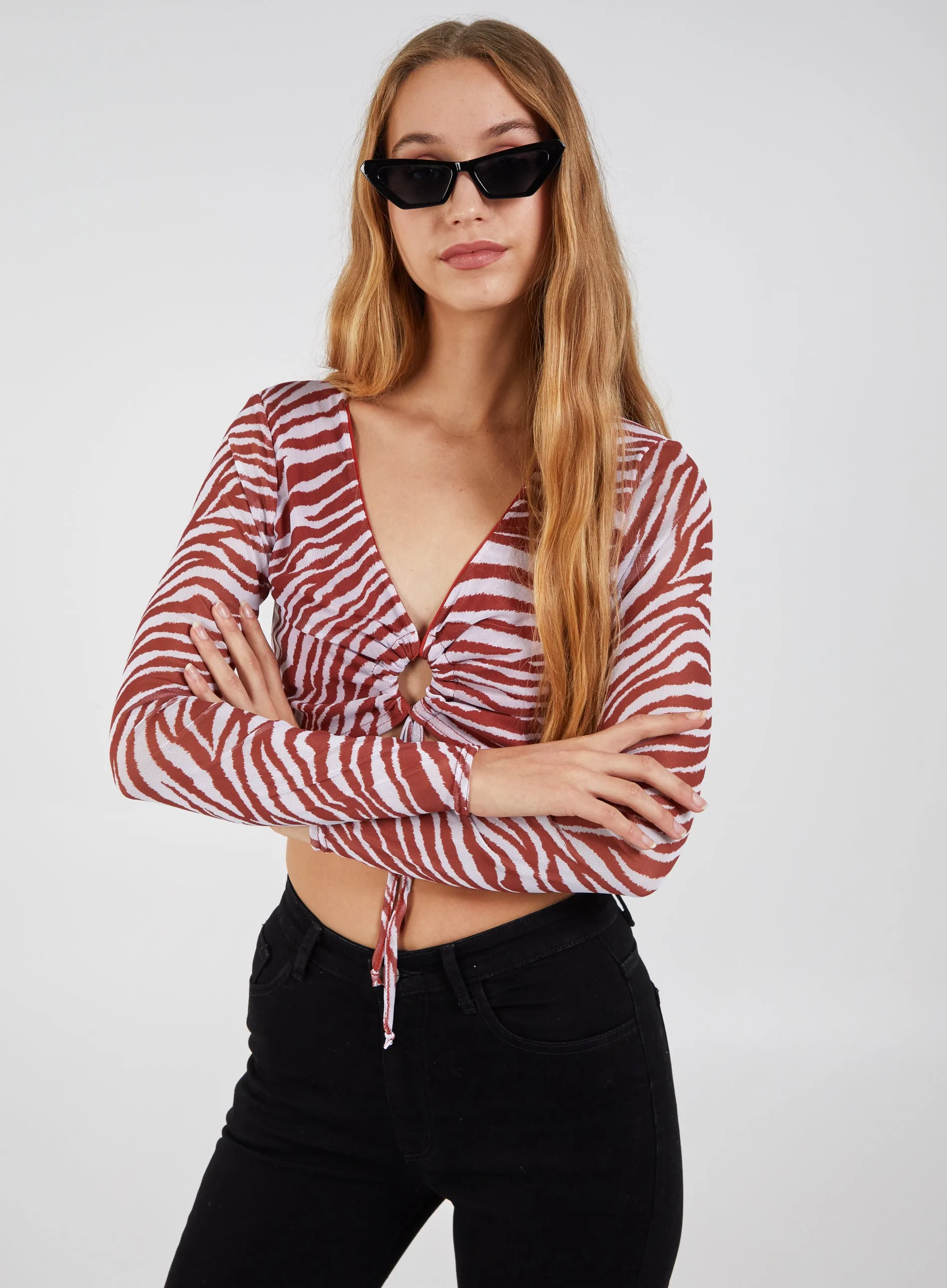 Zebra Print Plunge Neck Mesh Top