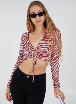 Zebra Print Plunge Neck Mesh Top
